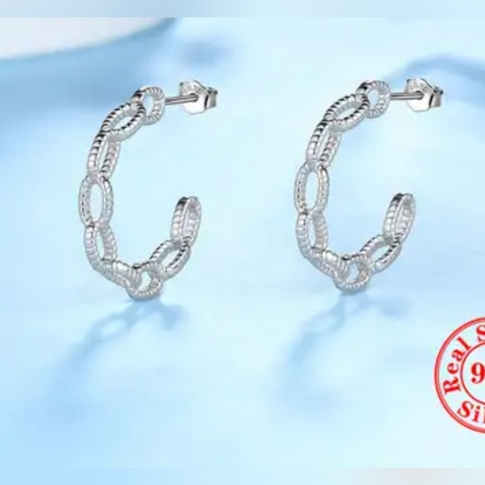 925 Sterling Silver Textured Chain Link Open Hoop Earrings
